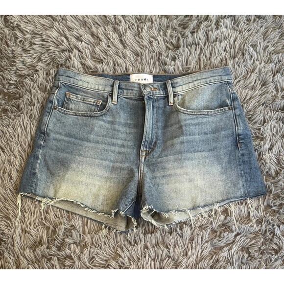 Frame Le Brigette Shorts Womens 27 Blue Denim Mid Rise Distressed Raw Hem USA - Picture 1 of 15